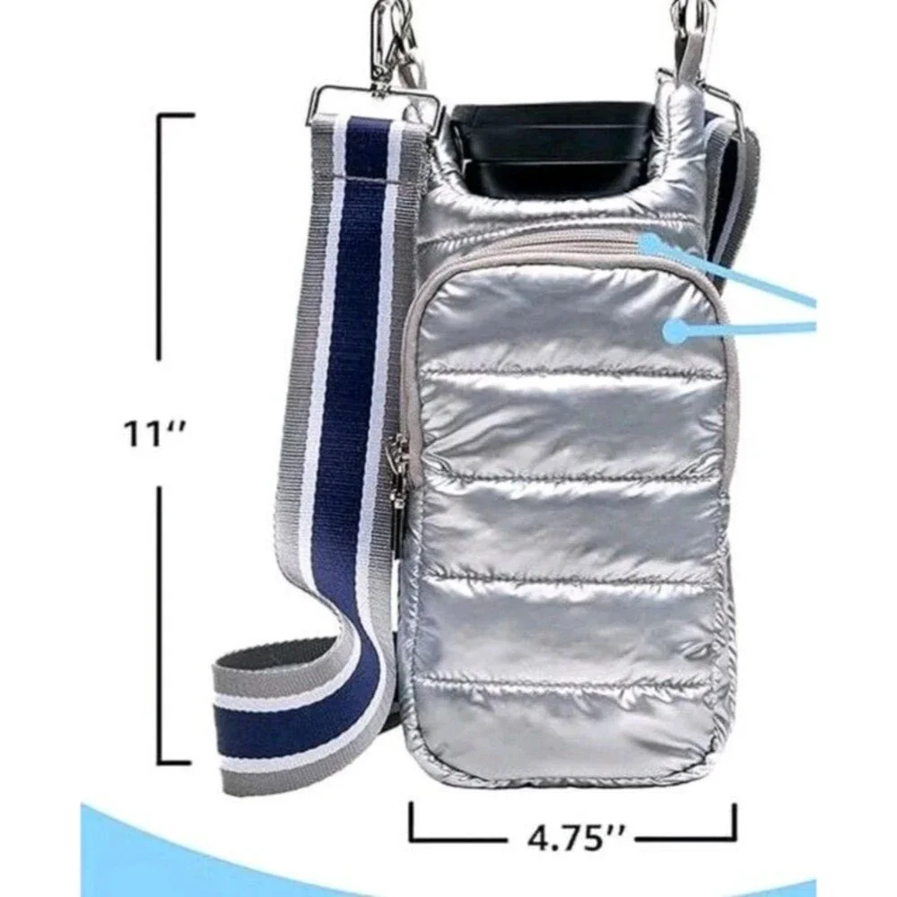 WanderFull Quilted Nylon Water Bottle Crossbody Bag Silver Puffer Style